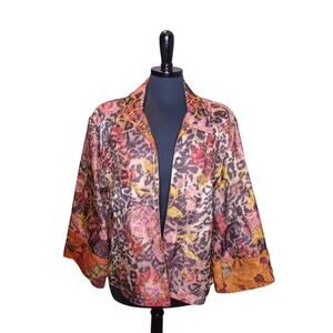 Coldwater Creek Open Front Jacket Top Leopard Print Floral Lagenlook L